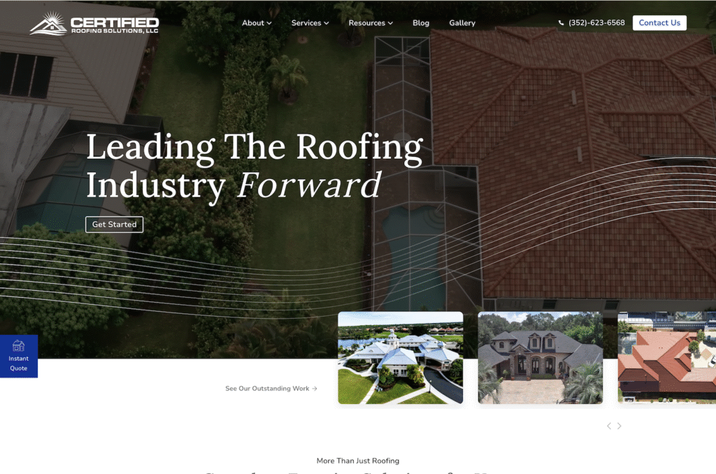 Hook Agency homepage with aerial roof views, logo, nav menu, contact info, bold headline, and CTA buttons—all SEO optimized.