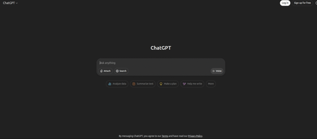 ChatGPT’s homepage features a dark background with a prominent central search bar labeled "Ask anything."