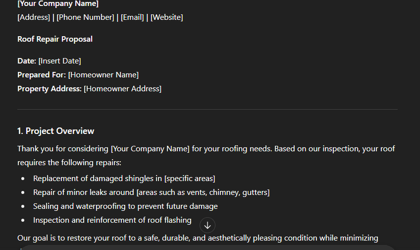 Screenshot of Hook Agency's roof repair proposal template with editable fields and a clear list of actionable, lead-winning repairs.