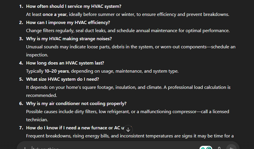 Seven essential HVAC FAQs on service intervals, boosting efficiency, AI troubleshooting, system lifespan, sizing, cooling issues, and replacement signs.