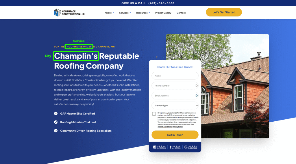 Screenshot of a roofing company website highlighting an intuitive navigation menu, a clear headline promoting Champlin's roofing services, a prominent contact form, and a high-quality photo of a red shingle roof. This layout effectively demonstrates SEO best practices for home service businesses.