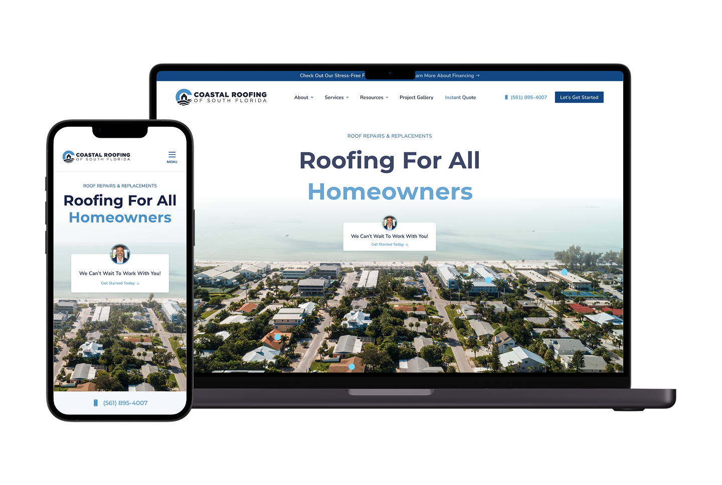 A laptop and smartphone showcase the Coastal Roofing of South Florida website, highlighting an aerial lookbook of coastal homes, the company logo, and the headline “Roofing For All Homeowners” prominently on both devices.