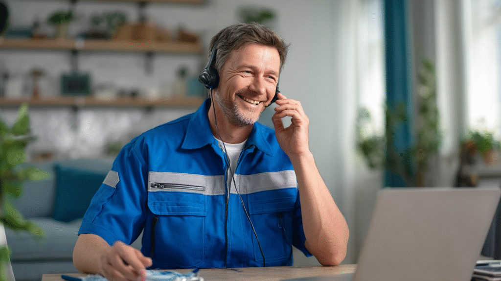 Technician in a blue uniform and headset discusses in-house fixes on a call at a desk with a laptop in a modern, bright office.