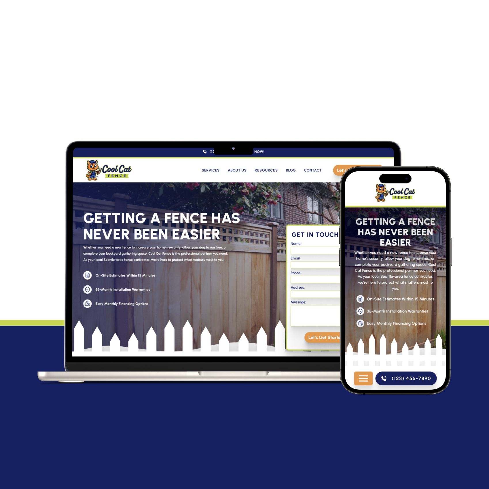 Featured on a laptop and smartphone, the "Cool Cats Fencing" website exemplifies modern design with images of wooden fences, comprehensive service listings, and clear contact details. The site proudly declares: "Getting a fence has never been easier.