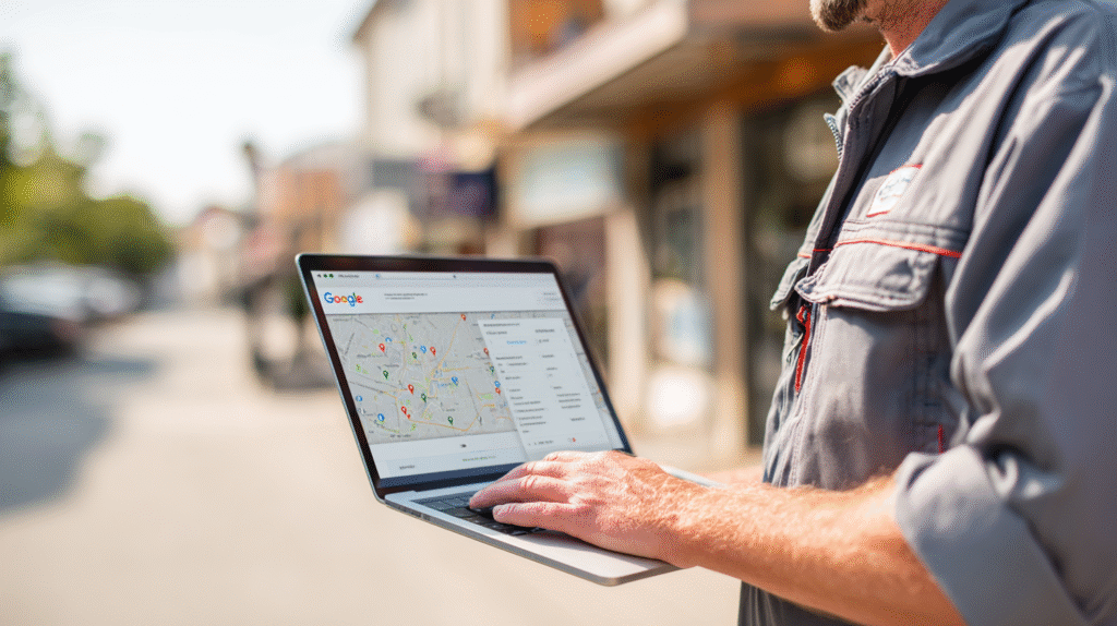 Person outdoors using a laptop showing Google Maps with multiple location markers, emphasizing Local SEO’s impact for your business.
