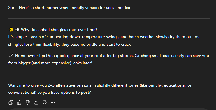 Screenshot of a homeowner tip: Inspect asphalt shingles for cracks after storms to prevent damage—ideal content for Hook Agency.