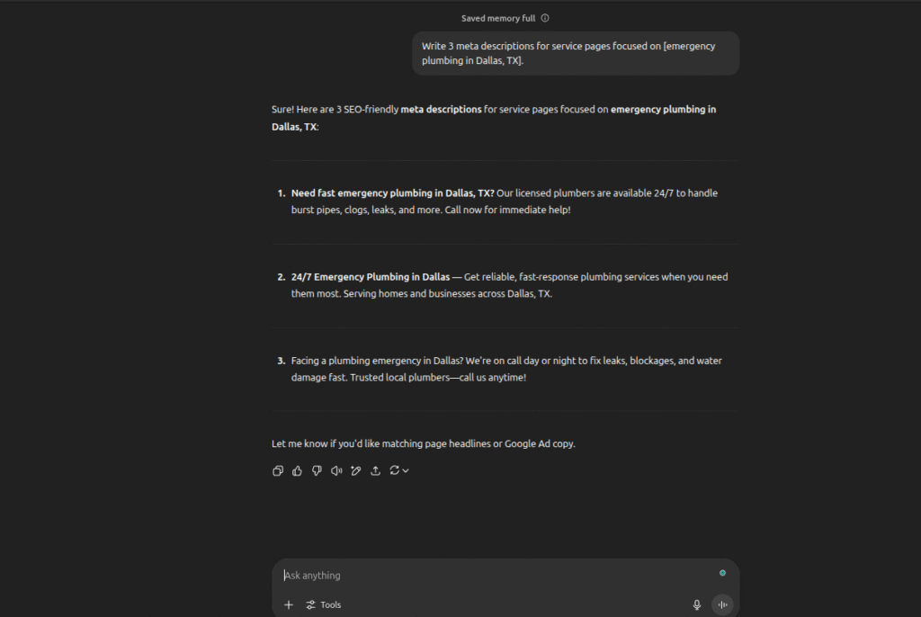 A computer screen displays a dark-themed text editor featuring three SEO-optimized meta descriptions for Dallas, TX emergency plumbing services—each crafted using ChatGPT prompts tailored for contractor marketing. The user prompt and AI-generated content are both clearly visible.
