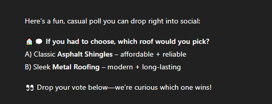 Hook Agency roofing poll graphic: Choose your roof—A) Classic Asphalt Shingles or B) Sleek Metal Roofing. Cast your vote now!.