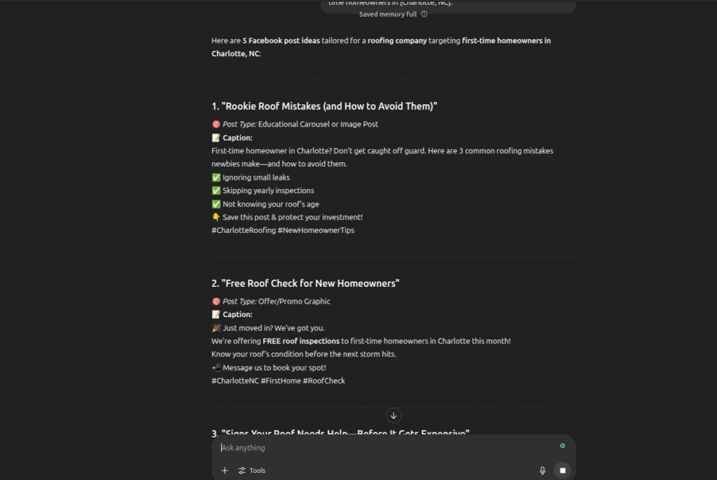 Preview of a valuable resource on the Hook Agency website: A dark-themed reference document showcasing proven Facebook post ideas for roofing companies. Includes ready-to-use ChatGPT prompts for contractor marketing, compelling post titles, recommended formats, attention-grabbing captions, emojis, effective hashtags, and high-engagement topics such as common roofing mistakes and free roof inspection offers targeted at homeowners. Ideal for roofing businesses aiming to increase social media reach and generate more leads.