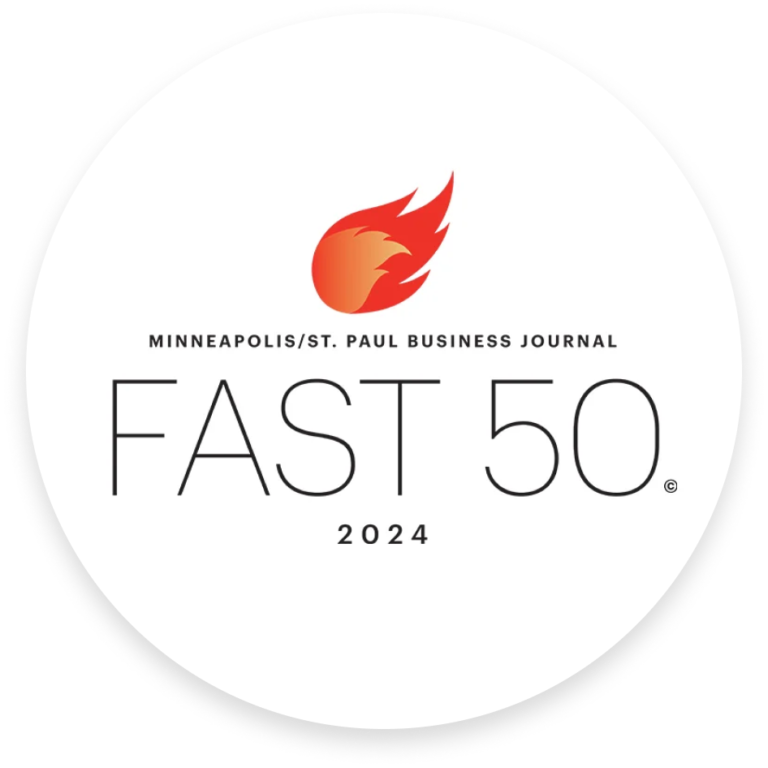 Announcing the 2024 Fast 50 Logo by Minneapolis/St. Paul Business Journal: a striking red flame symbol atop a clean white background, symbolizing rapid growth and success. Explore how these leading companies drive innovation and excellence.