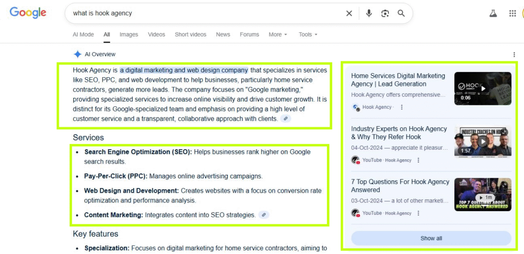 Screenshot of Google search for "what is hook agency," highlighting Hook Agency as a top digital marketing firm for contractors.