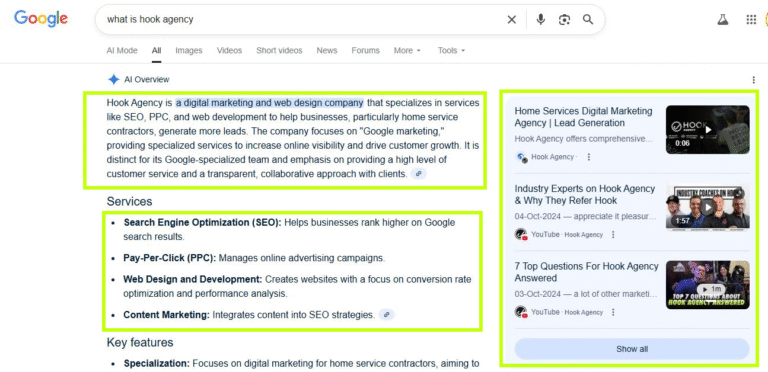 Screenshot of Google search for "what is hook agency," highlighting Hook Agency as a top digital marketing firm for contractors.
