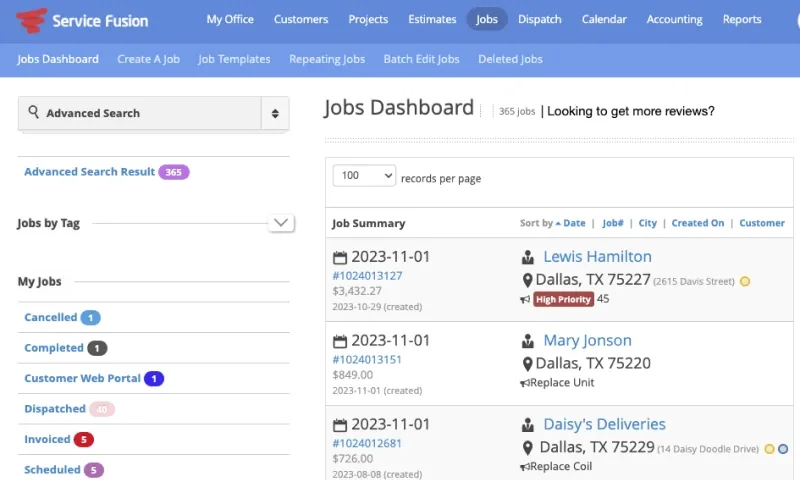 Service Fusion Jobs Dashboard screenshot displays jobs by number, date, customer, Dallas, TX address, and priority tags. Sidebar shows filters.