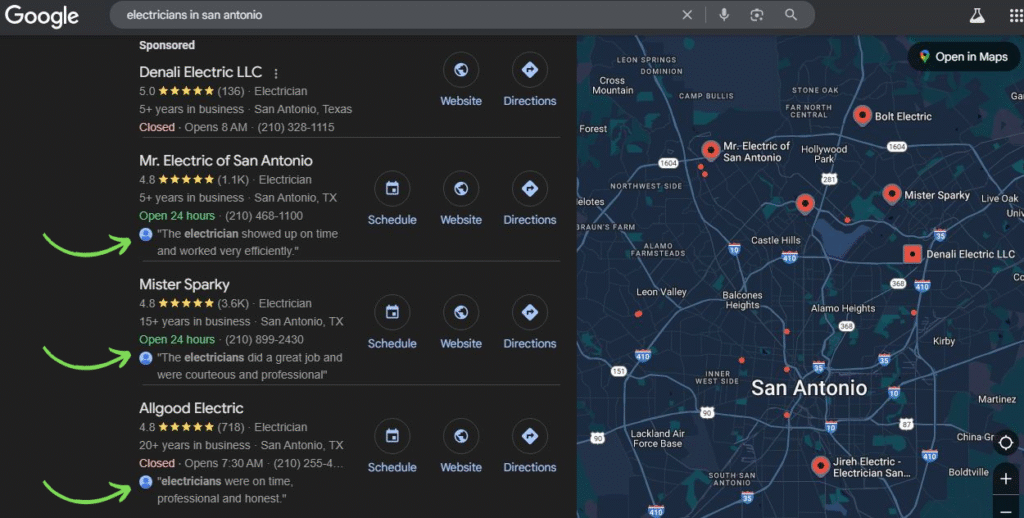 Screenshot of a Google Maps search for "electricians in San Antonio," showing top businesses with ratings and map markers in dark mode.
