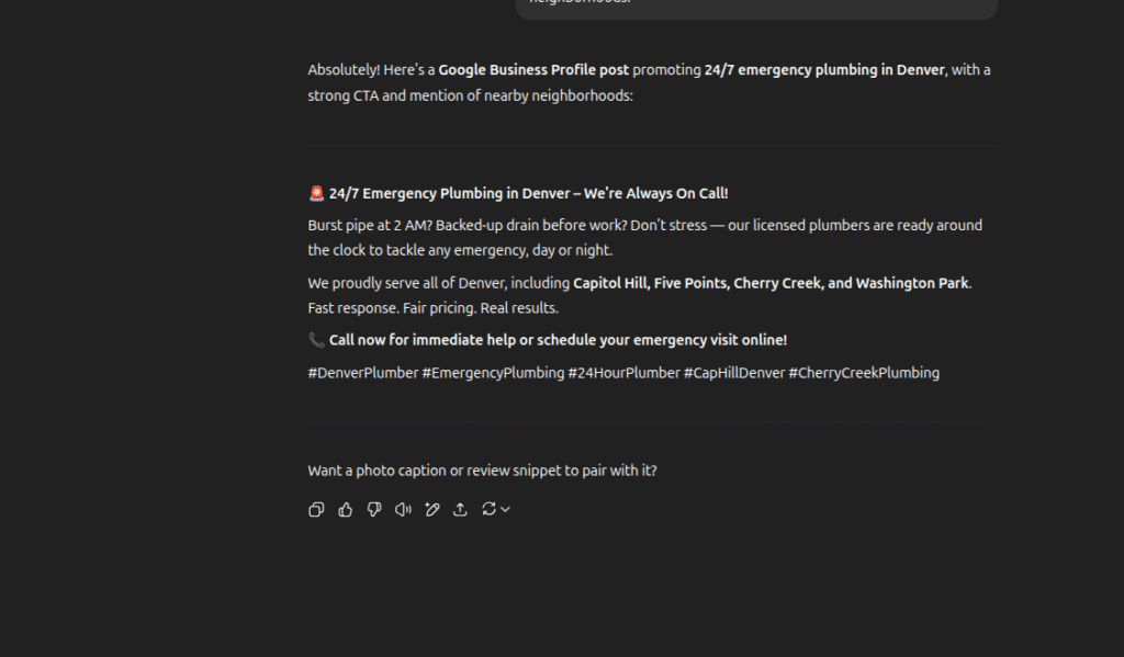 A dark-themed webpage on Hook Agency’s site highlights 24/7 emergency plumbing services in Denver. The page features: - A dedicated section outlining urgent response capabilities - A prominent call to action for immediate service - Relevant hashtags, such as #EmergencyPlumbing, to boost discoverability - Practical tips for contractor marketing, including recommended ChatGPT prompt examples For Denver residents needing round-the-clock plumbing support, act now—contact our team anytime. Contractors: leverage AI-powered prompts to enhance your marketing and expand your reach.