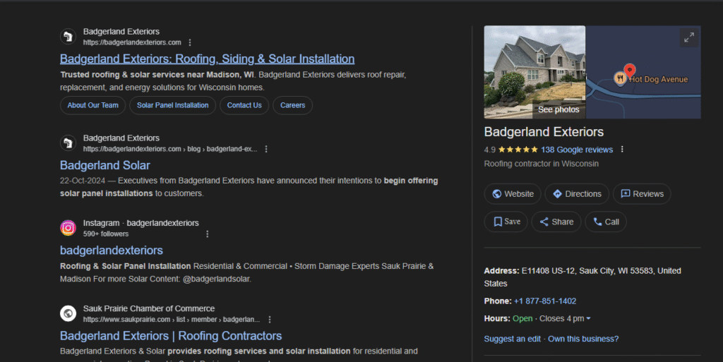 Google search results for "Badgerland Exteriors" show Home Services, links, reviews, contact info, hours—demonstrating top SEO factors.