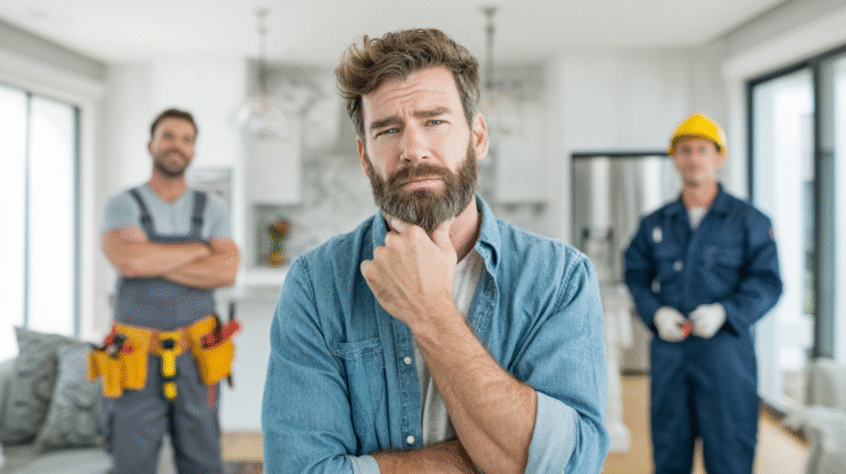 A man considers hiring a contractor as two workers, one in overalls and one in safety gear, stand behind him in a modern home.