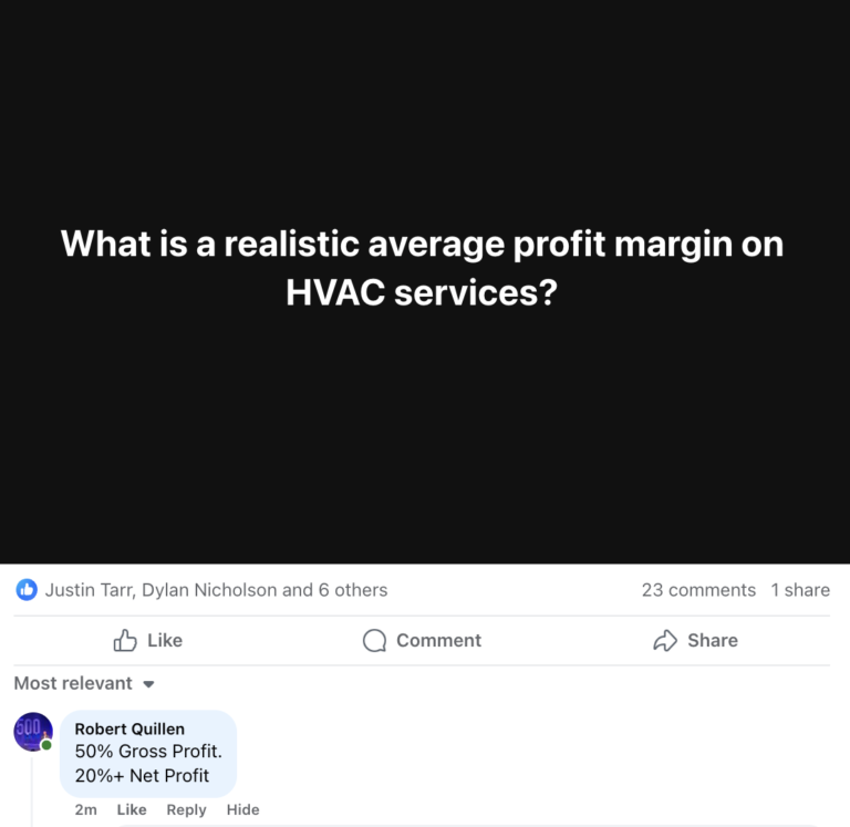 A Facebook post asks the average HVAC profit margin. Top comment: "Target 50% gross, 20%+ net. Guard against profit killers.