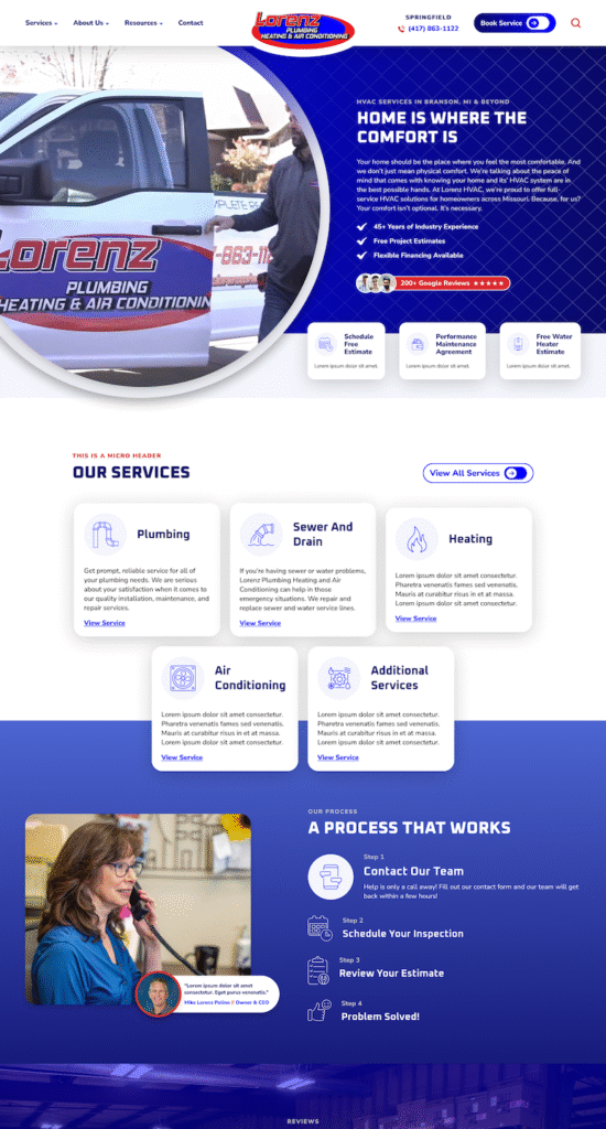 Screenshot of Lorenz Plumbing’s homepage on Hook Agency highlights pro web design, clear navigation, services, contacts, and branding.