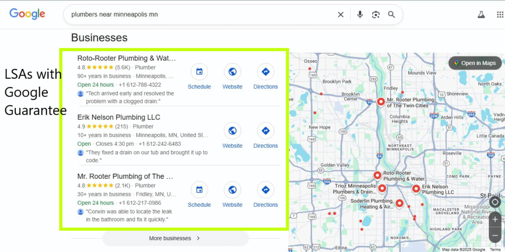 Google search for “plumbers near Minneapolis mn” with a map and three top LSAs displaying ratings, contacts, and Google Guaranteed badge.