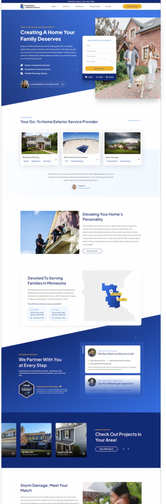 Hook Agency’s homepage showcases home exterior services with a blue and white theme, MN map, reviews, and strong CTAs.
