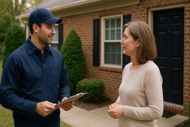 Delivery professional in navy uniform uses open-ended sales questions with homeowner outside brick house, clipboard in hand.
