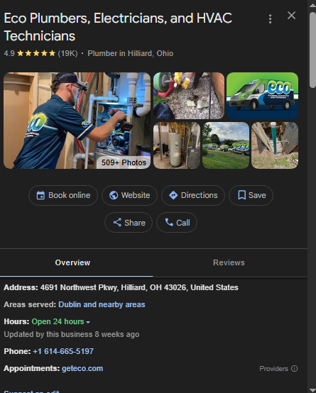 Google Business profile for Eco Plumbers Hilliard, OH: worker fixing pipes, vehicles, contact info, 4.9 stars/19K reviews.