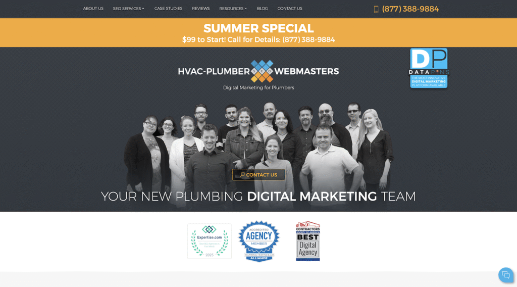 A team of fourteen poses confidently against a white backdrop. The website banner highlights plumbing marketing services by HVAC-Plumber Webmasters, showcasing a summer special offer and clear contact details.