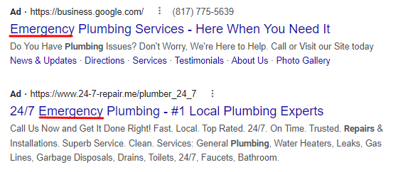 Screenshot of two Google ads for emergency plumbing, with "Emergency" in blue—demonstrating top-performing Plumber PPC strategies.