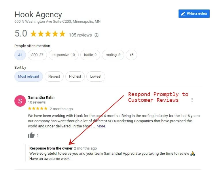 5-star Google review for Hook Agency, standout feedback, and SEO-focused owner response. Red arrow stresses quick replies matter.