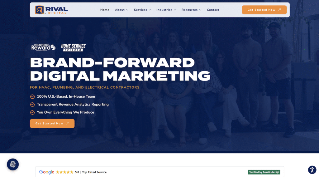 A team stands together in a professional office setting. Text overlay highlights "Brand-Forward Digital Marketing" services for HVAC, plumbing, and electrical contractors by Rival Digital. Navigation menu and call-to-action buttons are prominently displayed at the top.