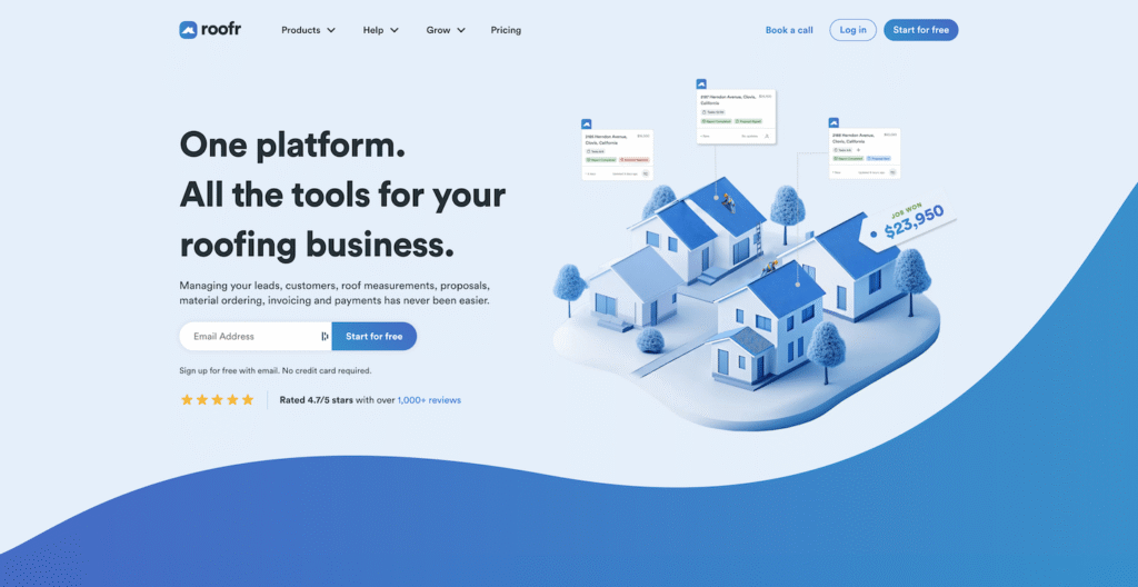 Hook Agency roofing platform homepage with strong headline, email signup, star ratings, and 3D houses with tool icons above.