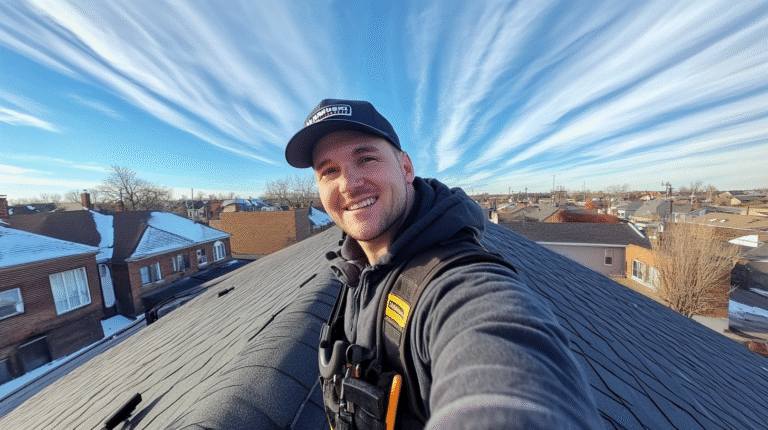 A man in a cap and hoodie stands on a rooftop, smiling for a selfie with residential homes and dramatic, streaked clouds in the background—a great example to inspire your next roofing social media post.
