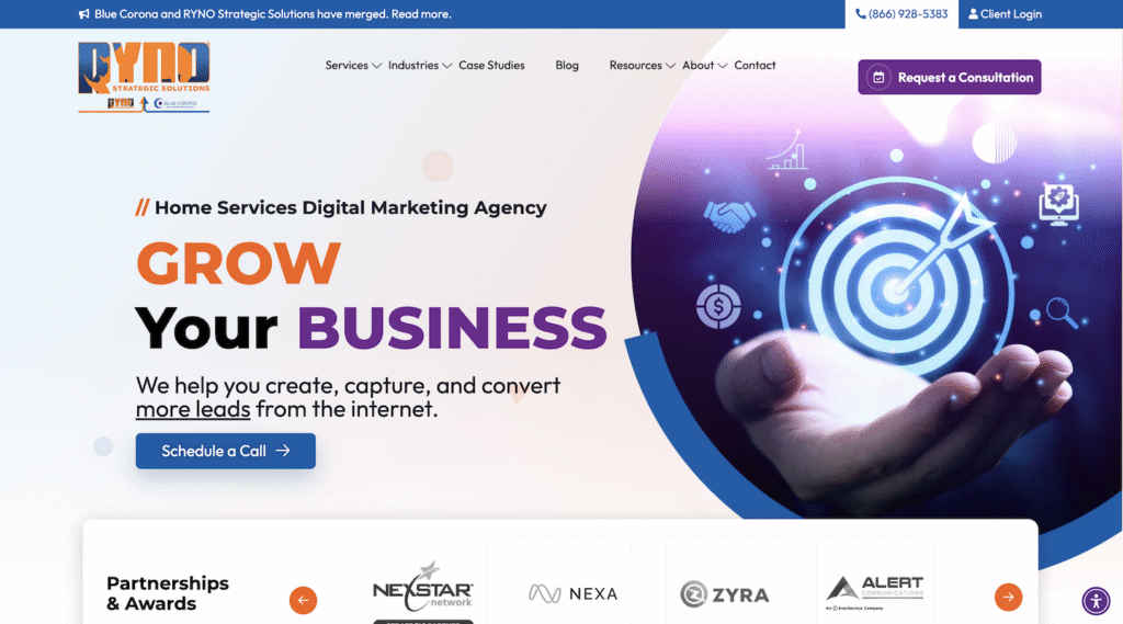 Hook Agency’s website prominently displays the message “Grow Your Business” alongside a vibrant graphic of a hand holding a glowing network, emphasizing digital marketing solutions tailored for plumbing companies. The site features an easy-to-navigate menu, clear contact options, and trusted partner logos—demonstrating credibility and making it simple for plumbing businesses to connect and start driving results.