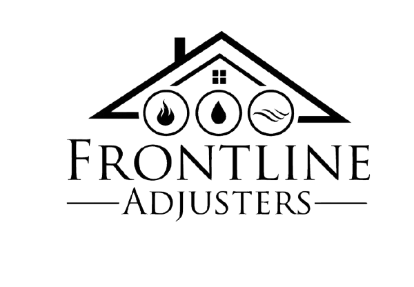 Designed by Chris Owens, the Frontline Adjusters logo showcases a house outline containing three icons: a fire, a droplet, and a hand within circles. Elegantly below the design is the text "Frontline Adjusters.