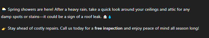 Text with umbrella and water drop emojis encourages users to check for ceiling damp spots and book a free roof inspection today.