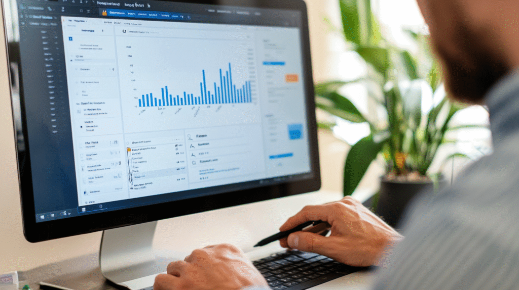 A team member reviews detailed SEO analytics dashboards for home services on a large monitor in a bright, modern workspace. The screen features clear charts and a prominent blue bar graph, reflecting our data-driven approach at Hook Agency.