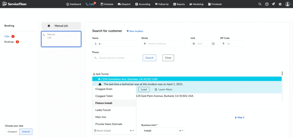 ServiceTitan dashboard for plumbers with customer search, booking tools, and a highlighted "Clogged Drain" job at 1234 Gardenview Ave.