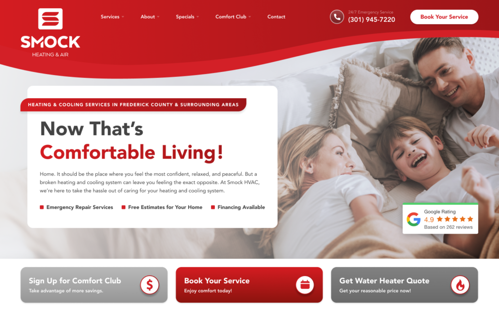 Smock HVAC red and white HVAC and plumbing website design inspiration for 2025