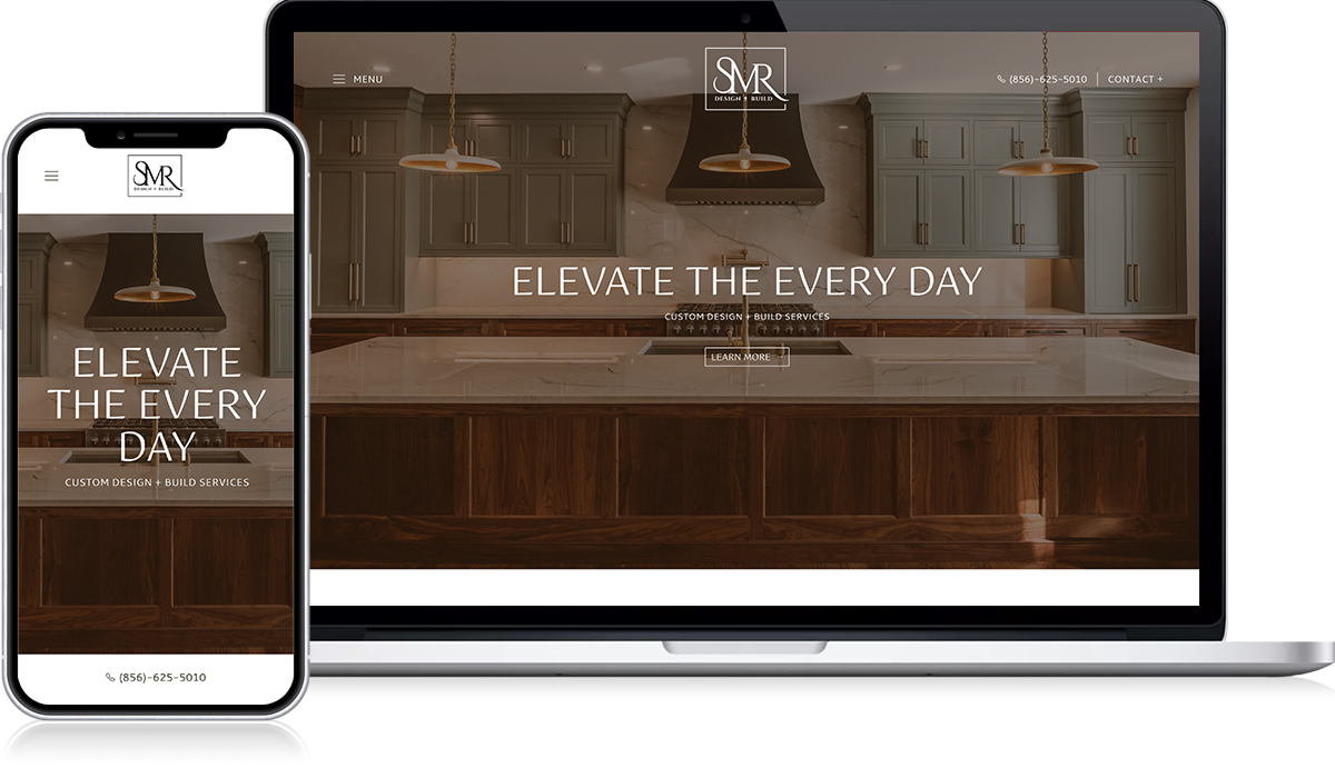 On Hook Agency's website, the smartphone and laptop display the "SNR Custom Design + Build Services" website, featuring an image of a kitchen countertop. A digital lookbook encourages you to "Elevate the Every Day," with contact information prominently shown on both screens.
