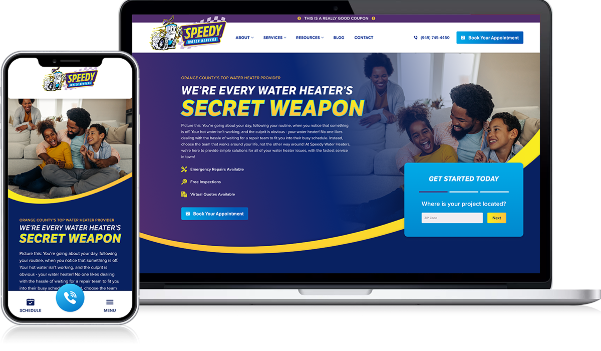 On Hook Agency's website, mobile and laptop screens display a vibrant lookbook-style image of a smiling family. The headline asserts, "We're Every Water Heater's Secret Weapon," complemented by a blue and yellow theme. Users can easily schedule appointments, enter their location, and access exceptional customer service through prominent buttons.