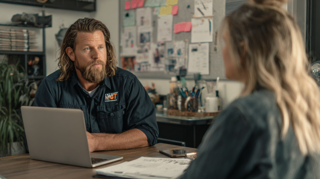 Hook Agency team member with long hair and beard reviews agency vetting tips with colleague at a desk in a modern office.
