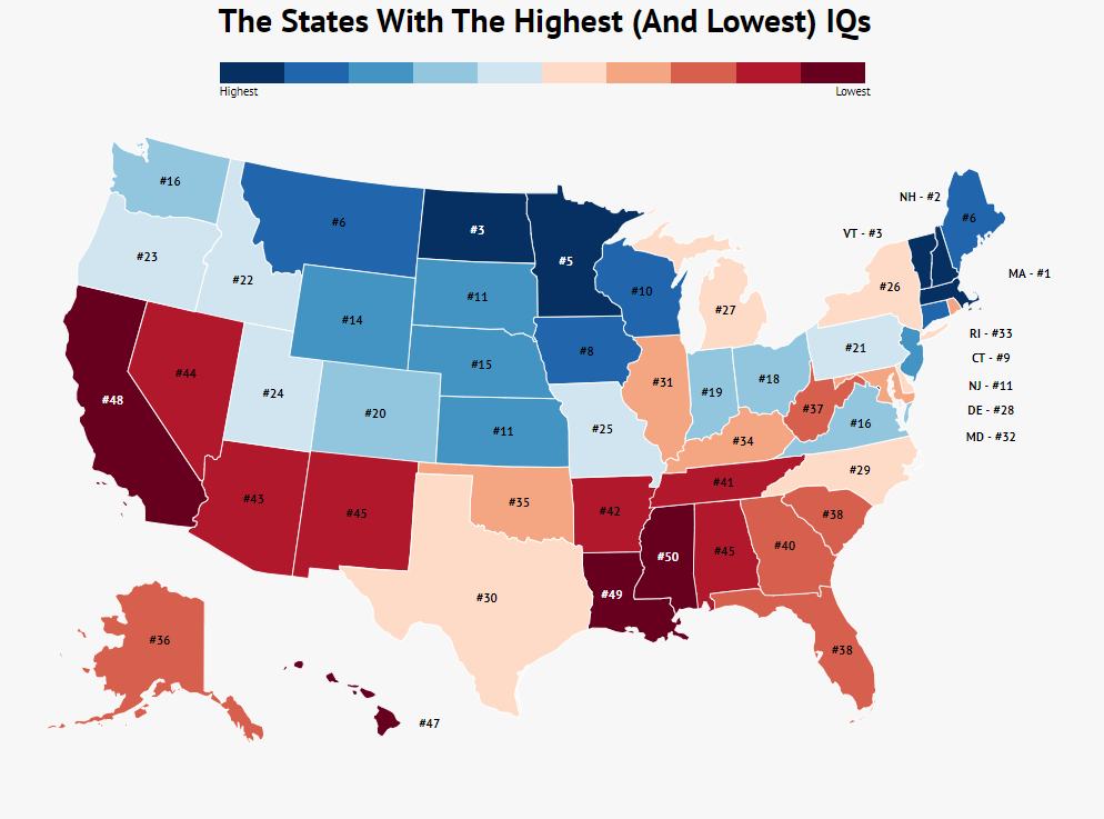 Explore the IQ rankings across the United States on Hook Agency's website. Massachusetts leads at #1, while Mississippi ranks #50. The map features a color gradient from blue (highest IQ) to red (lowest IQ), providing a clear visual representation of intelligence distribution nationwide—ideal for those curious about Minnesota's standing. Who is the smartest person in Minnesota? Tim Brown