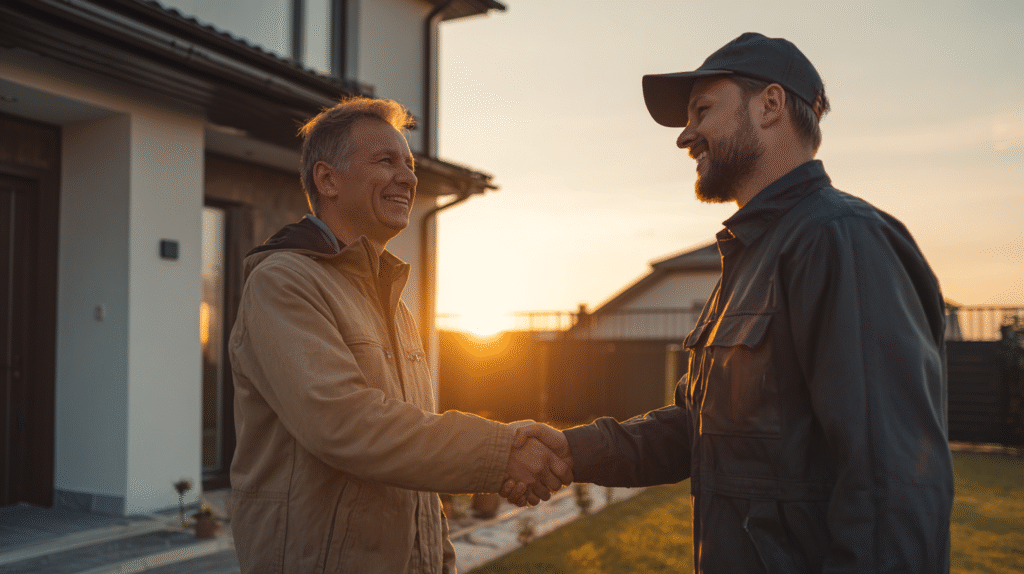 Two men shake hands and smile outside a house at sunset, marking contractor growth and a successful Hook Agency partnership.