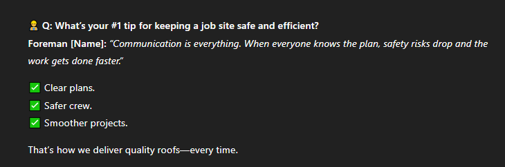 Foreman answers job site safety question, highlights communication. Tips: Clear plans, safer crew, smoother projects—Hook Agency.