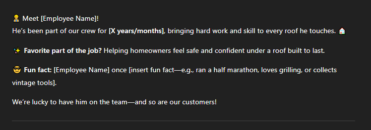 Screenshot of Hook Agency's roofing staff bio template highlighting employee’s name, tenure, role strengths, and engagement impact.