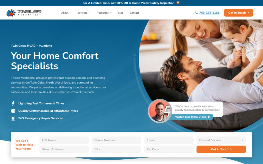 Thelen Mechanical blue and orange HVAC and plumbing website design inspiration for 2025