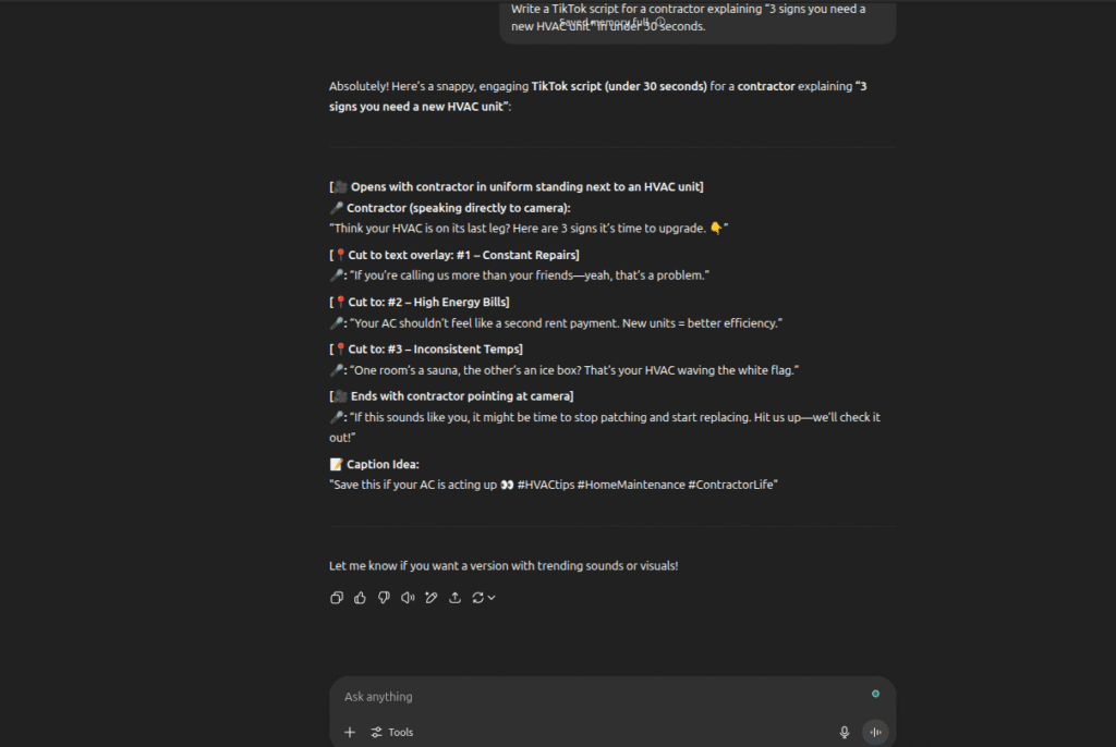 Resource: "3 Signs You Need a New HVAC Unit" – TikTok Draft Script and Contractor Marketing Toolkit This downloadable asset includes: - A draft TikTok script highlighting three clear indicators it’s time for an HVAC replacement - Expert notes and bullet points to enhance your messaging - Proven video tips to boost engagement and credibility - Recommended captions and industry-specific hashtags for maximum reach - ChatGPT prompt examples designed to help contractors quickly brainstorm more content ideas Ready-to-use, actionable content tailored for HVAC professionals looking to elevate their social media presence with Hook Agency.