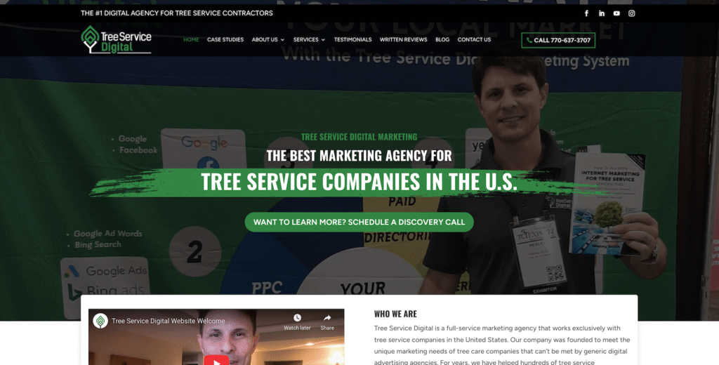 Homepage for Tree Service Digital on Hook Agency’s site, showcasing marketing services, a badge-holding man, and call-to-action.