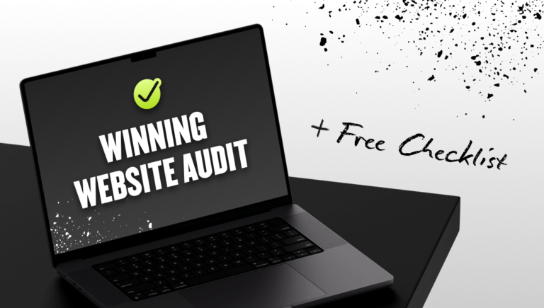 On Hook Agency's website, a laptop screen prominently displays the text "Winning Website Audit" alongside a vibrant green checkmark. To the right, in bold splattered font, it reads "+ Free Checklist." The black and white backdrop with artistic splatter effects enhances the visual appeal, encouraging visitors to explore: "Free Checklist — Check this out!